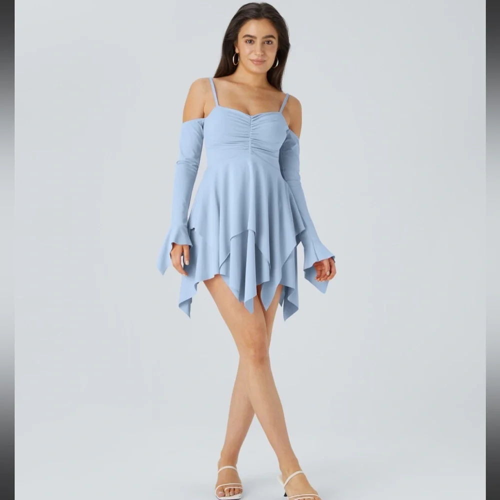 Adjustable Strap Ruched Backless Long Sleeve
Layered Hanky Hem Mini Casu… - Picture 3 of 4
